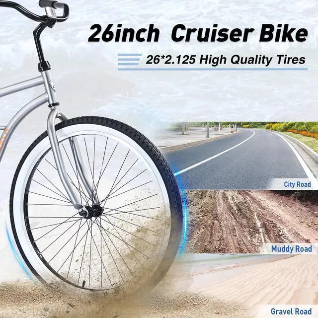 Alt view image 5 of 6 - Single Speed Bicycles 26"Inch,Steel Frame, Wide Wheels for Stability, Rear Coaster Brakes,Multiple Colors Men's Beach Cruiser Bike