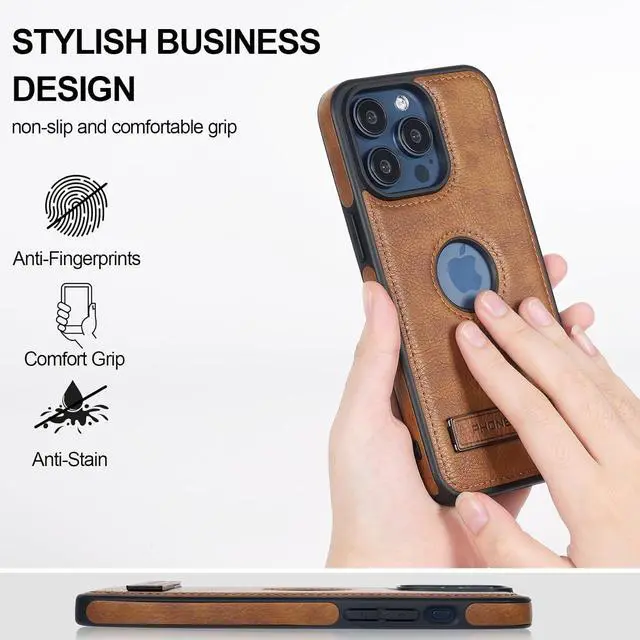 Alt view image 6 of 7 - KSELF Leather Stand case for iPhone 15 Pro Max Case, Thin Flexible Soft Grip Luxury Cover, Protective Slim with Kickstand Shockproof Cases (Brown, for iPhone 15 Pro Max)
