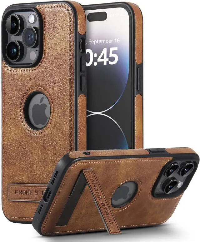 Main image of KSELF Leather Stand case for iPhone 15 Pro Max Case, Thin Flexible Soft Grip Luxury Cover, Protective Slim with Kickstand Shockproof Cases (Brown, for iPhone 15 Pro Max)