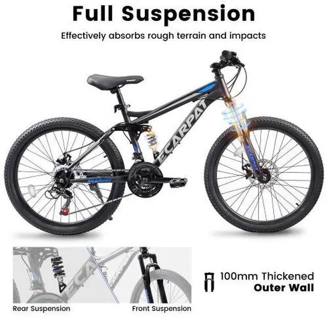 Alt view image 4 of 6 - Ecarpat 24/26/27.5 Inch Mountain Bike, Full/Front Suspension Mens Boys Mountain Bike with 21 Speed Steel Frame and Dual Disc Brakes, Adult Sport Bicycle for Trail City Road, Gift Choice