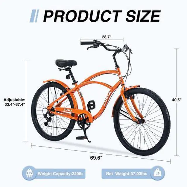Alt view image 3 of 7 - 7-speed bicycle 26-inch men's beach cruiser bicycle orange