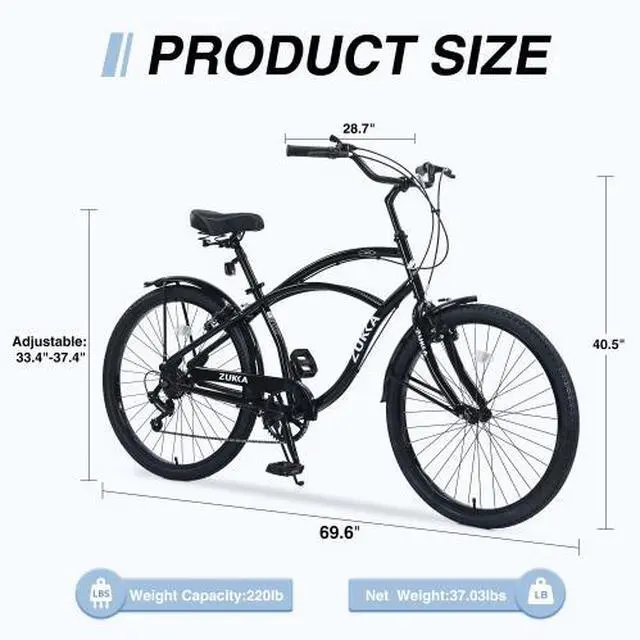 Alt view image 3 of 7 - 7-speed bicycle 26-inch men's beach cruiser bicycle black