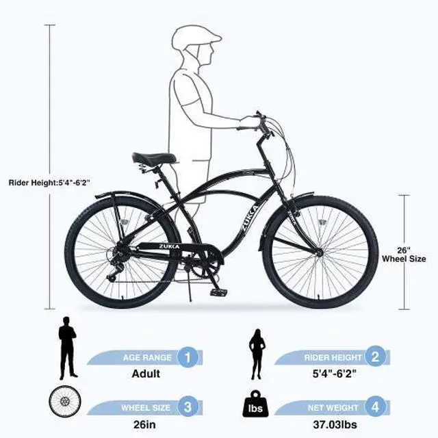 Alt view image 7 of 7 - 7-speed bicycle 26-inch men's beach cruiser bicycle black