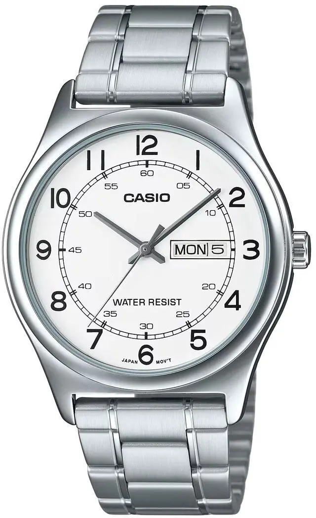 Main image of Casio MTP-V006D-7B2 Men's Analog Quartz Watch  White Dial, Day/Date Display, Stainless Steel Band, Classic Dress Style