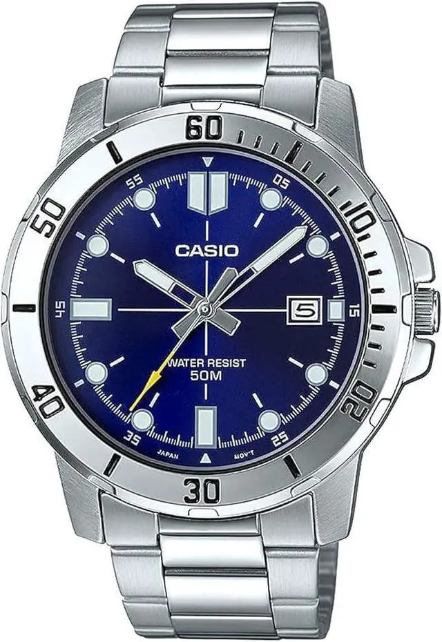 Main image of Casio MTP-VD01D-2EV Men's Enticer Analog Quartz Watch Blue Dial, Stainless Steel Band, Date Display, 50M Water Resistant