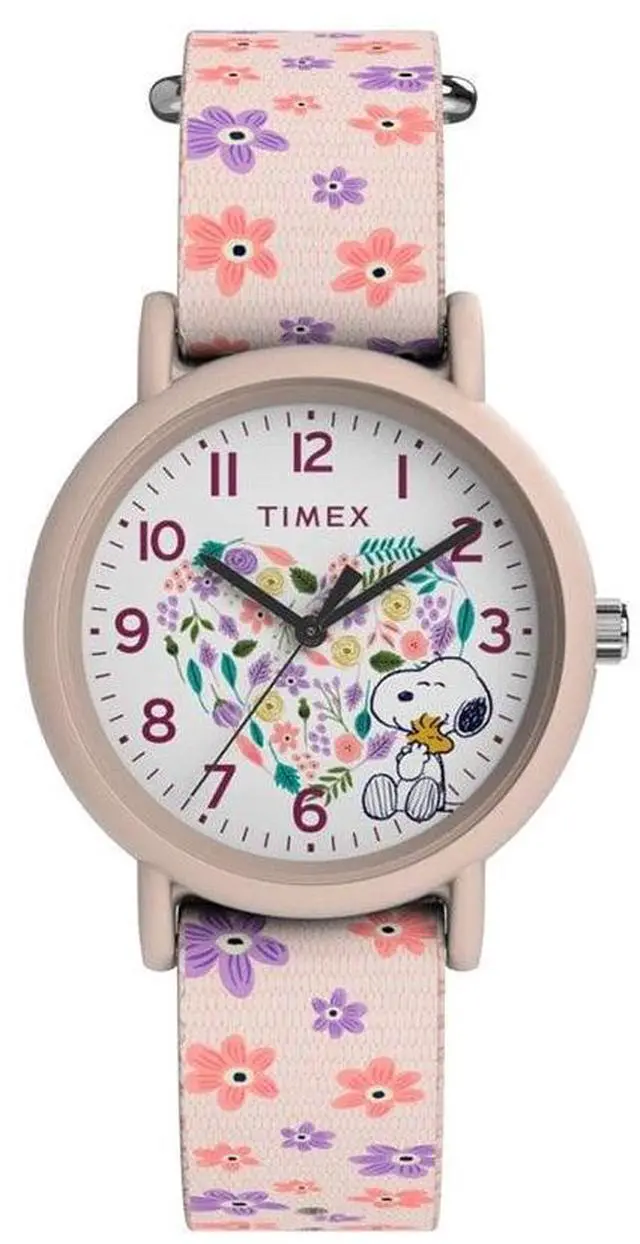 Main image of Timex x Peanuts TW2W33400 Floral 34mm Pink Resin Case Analog Quartz Watch with Floral SlipThru Fabric Strap