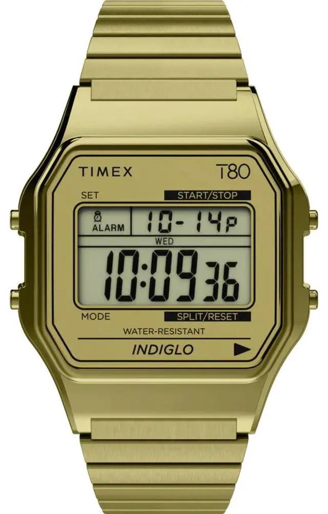 Main image of Timex T80 TW2W68100 Unisex 34mm Digital Retro Gold-Tone Watch with Stainless Steel Expansion Band, Stopwatch, Alarm, Date, INDIGLO® Backlight