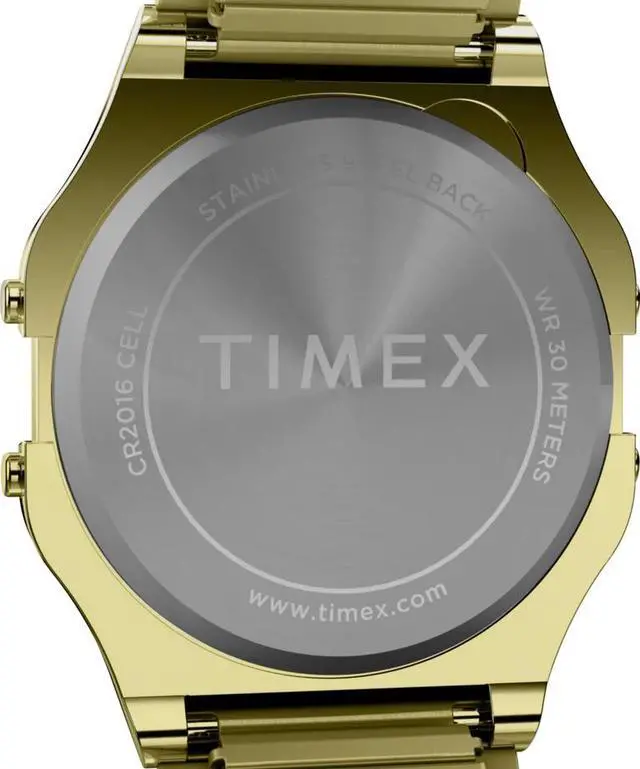 Alt view image 4 of 5 - Timex T80 TW2W68100 Unisex 34mm Digital Retro Gold-Tone Watch with Stainless Steel Expansion Band, Stopwatch, Alarm, Date, INDIGLO® Backlight
