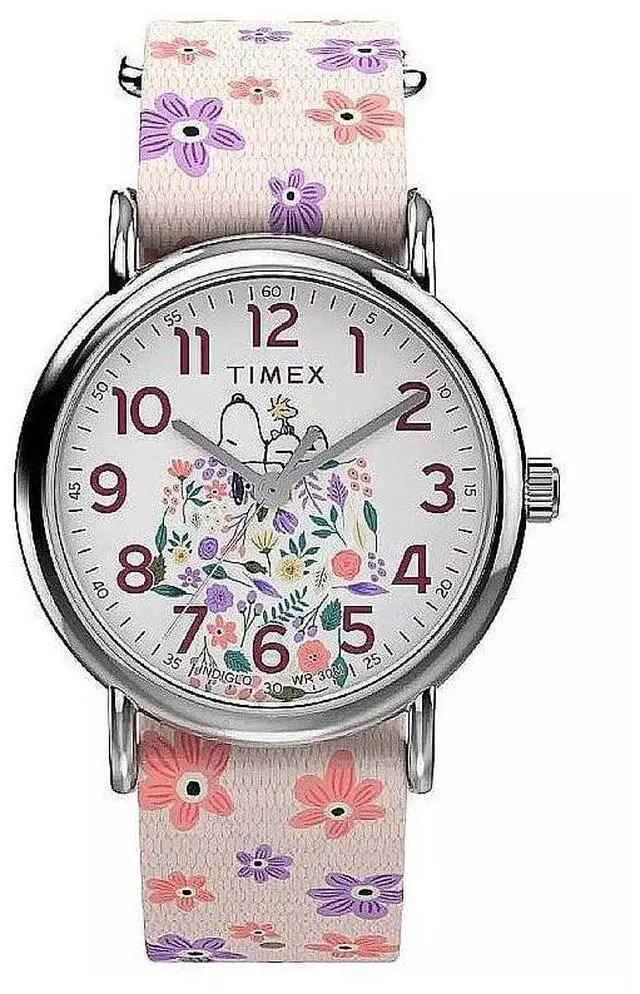 Main image of Timex x Peanuts Snoopy 34mm Quartz Watch with White Dial & Pink Slip-Thru Fabric Strap Model TW2W33200