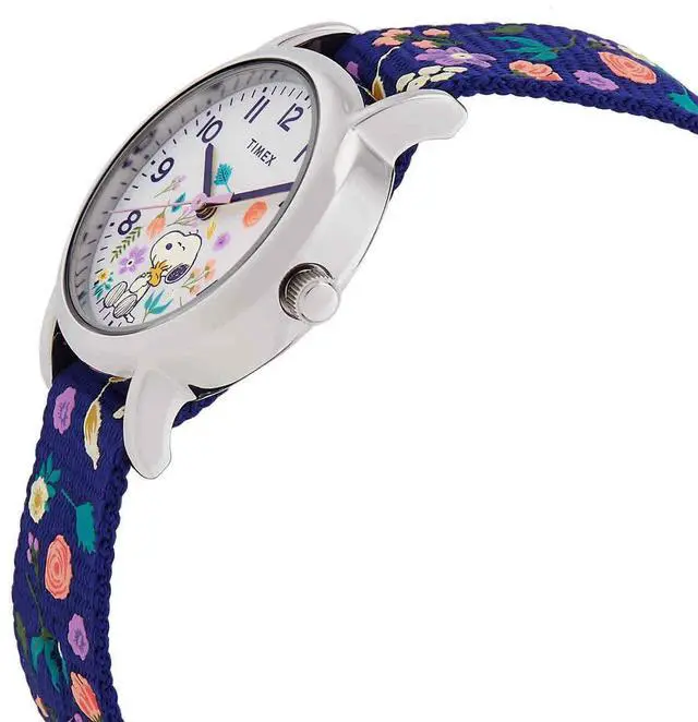 Alt view image 2 of 3 - Timex Women's Peanuts Weekender Casual Watch 31mm Silver-Tone Case, Floral Snoopy & Woodstock Motif, Blue Fabric Strap Model TW2V45900