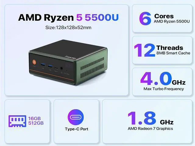 Alt view image 3 of 7 - TRYCOO Desktop Mini PC WO4  Ryzen 5 5500U(16GB+512GB, Up to 2.1GHz) Desktop Computer with W11 DDR4 Computer Support 4K Four Display/USB3/WiFi 6/BT5.2/2.5Gbps 16GB/512GB