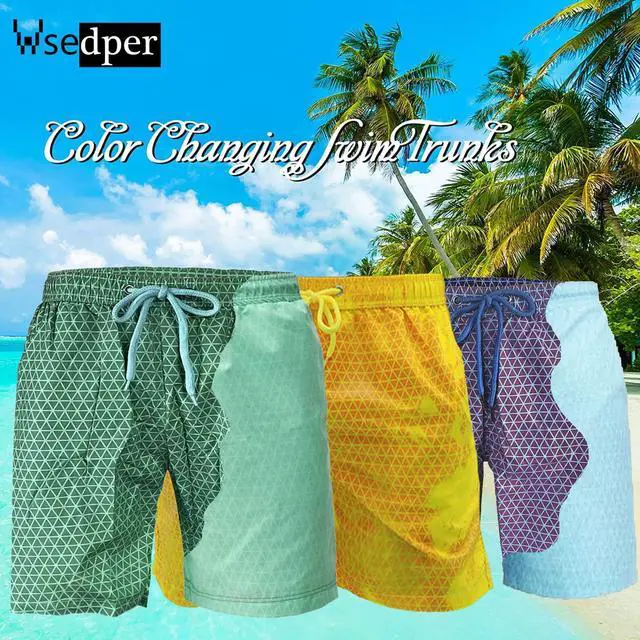 Alt view image 3 of 5 - Wsedper Color Changing Swim Trunks for Men, Color Changing Shorts for Boys, Beach Quick Dry Swim Trunks Color Changing (Green to Cyan,M)