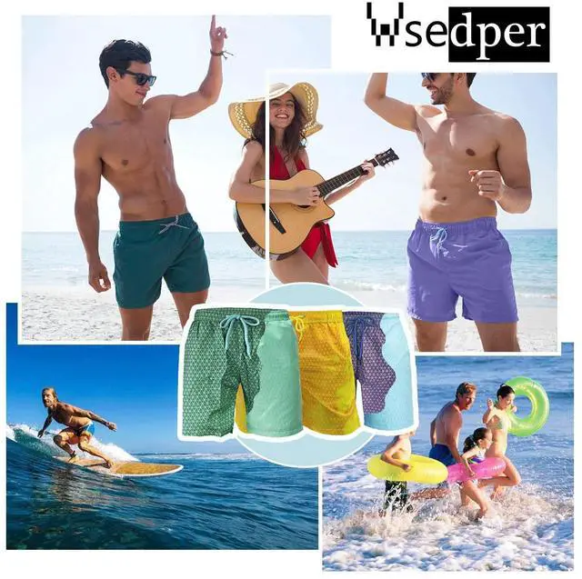 Alt view image 5 of 5 - Wsedper Color Changing Swim Trunks for Men, Color Changing Shorts for Boys, Beach Quick Dry Swim Trunks Color Changing (Green to Cyan,M)