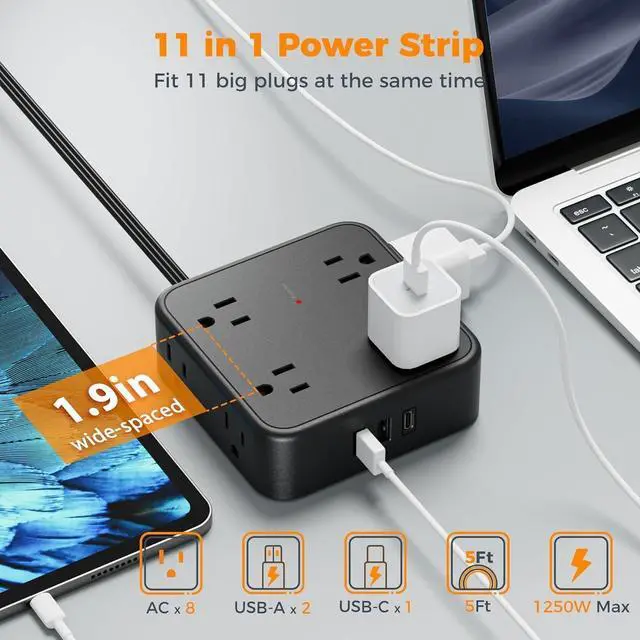Alt view image 2 of 6 - Surge Protector Flat Plug Power Strip, Black Extension Cord, 8 AC Outlets, 3 USB Charger(1 USB C Port) 3 Side Outlet Extender, 5 Ft, 900 Joules Protection, Office Supplies, Dorm Essentials