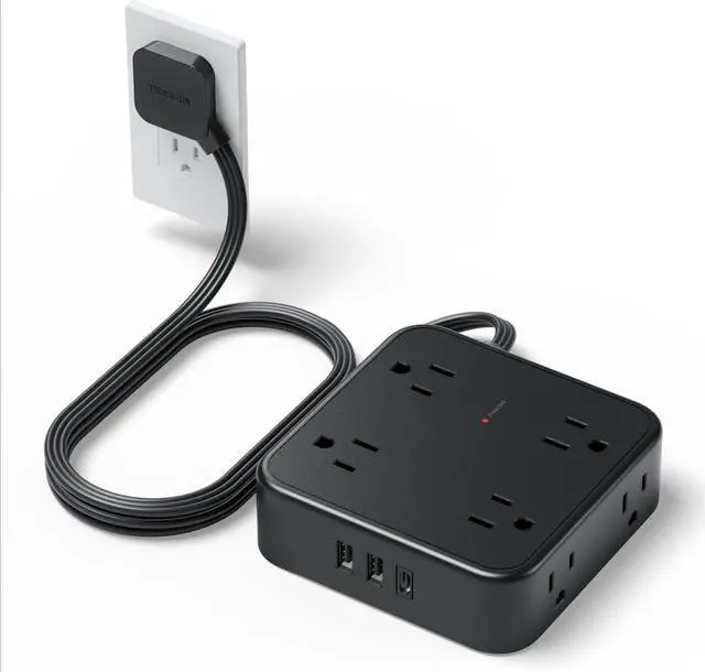Main image of Surge Protector Flat Plug Power Strip, Black Extension Cord, 8 AC Outlets, 3 USB Charger(1 USB C Port) 3 Side Outlet Extender, 5 Ft, 900 Joules Protection, Office Supplies, Dorm Essentials