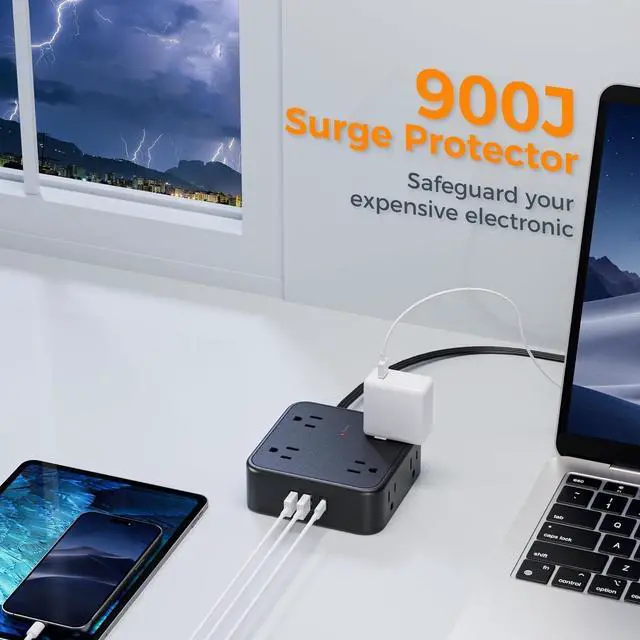 Alt view image 5 of 6 - Surge Protector Flat Plug Power Strip, Black Extension Cord, 8 AC Outlets, 3 USB Charger(1 USB C Port) 3 Side Outlet Extender, 5 Ft, 900 Joules Protection, Office Supplies, Dorm Essentials