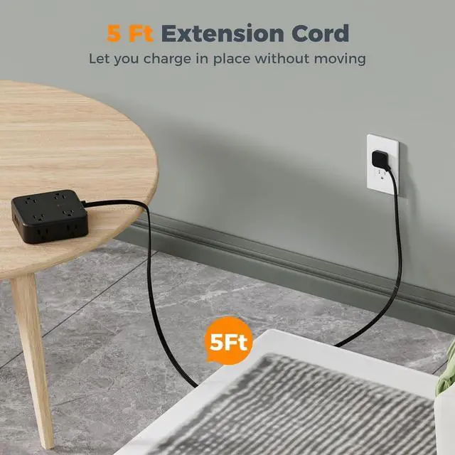 Alt view image 3 of 6 - Surge Protector Flat Plug Power Strip, Black Extension Cord, 8 AC Outlets, 3 USB Charger(1 USB C Port) 3 Side Outlet Extender, 5 Ft, 900 Joules Protection, Office Supplies, Dorm Essentials