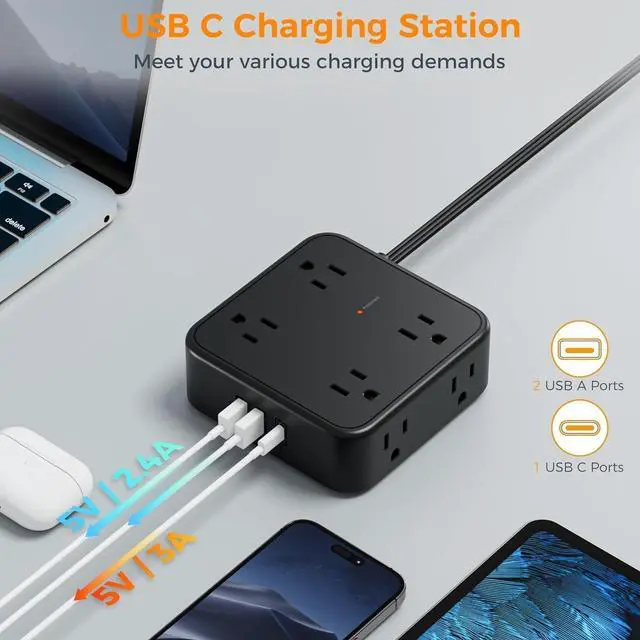 Alt view image 4 of 6 - Surge Protector Flat Plug Power Strip, Black Extension Cord, 8 AC Outlets, 3 USB Charger(1 USB C Port) 3 Side Outlet Extender, 5 Ft, 900 Joules Protection, Office Supplies, Dorm Essentials