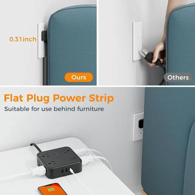 Alt view image 6 of 6 - Surge Protector Flat Plug Power Strip, Black Extension Cord, 8 AC Outlets, 3 USB Charger(1 USB C Port) 3 Side Outlet Extender, 5 Ft, 900 Joules Protection, Office Supplies, Dorm Essentials