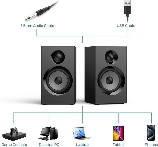 Alt view image 2 of 6 - BT16 Active Bookshelf Speakers 3.5" Woofer with 1" Tweeter, 60W RMS-Bluetooth 5.3, Built-in 24bit DAC Dynamic 3D 2.0 Surround Sound, Computer Gaming PC Speakers - Black