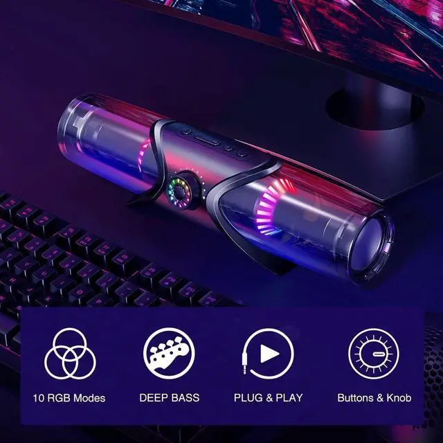 Alt view image 4 of 6 - Computer Speakers,Bluetooth SoundBar,Computer Speakers for Desktop Monitor with RGB Light,PC Speakers with Subwoofer,USB Powered Sound Bar for Laptop 3.5mm Headphone Jack