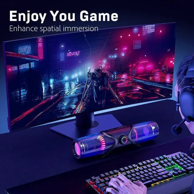 Alt view image 6 of 6 - Computer Speakers,Bluetooth SoundBar,Computer Speakers for Desktop Monitor with RGB Light,PC Speakers with Subwoofer,USB Powered Sound Bar for Laptop 3.5mm Headphone Jack