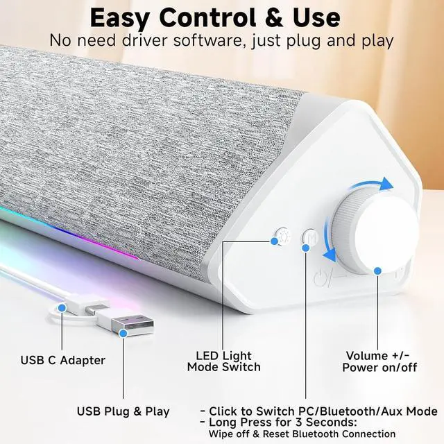 Alt view image 3 of 5 - R60 Bluetooth Computer Speakers, USB-C/USB Plug-N-Play PC Speakers with LED Dynamic Light, Surround Sound Soundbar Speaker with Rotary Switch for Desktop Laptop