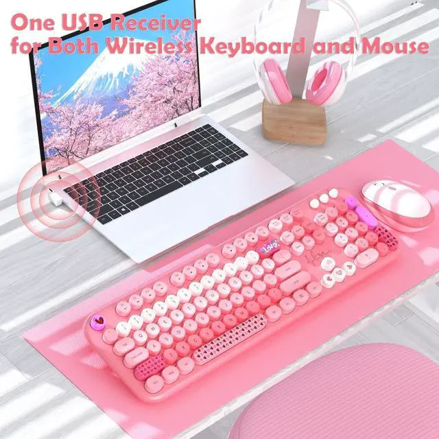 Alt view image 5 of 7 - FOR-Wireless Keyboard Mouse,104 Full Size Cute Colorful Keyboard and Mouse with Retro Typewriter for PC/Mac/Laptop/Tablet/Computer/Windows/Microsoft, Pink