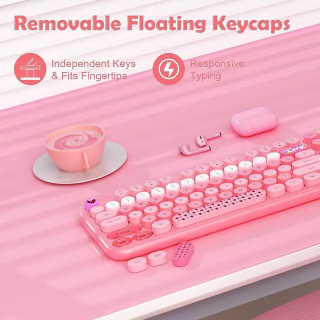 Alt view image 3 of 7 - FOR-Wireless Keyboard Mouse,104 Full Size Cute Colorful Keyboard and Mouse with Retro Typewriter for PC/Mac/Laptop/Tablet/Computer/Windows/Microsoft, Pink
