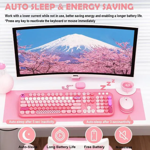 Alt view image 4 of 7 - FOR-Wireless Keyboard Mouse,104 Full Size Cute Colorful Keyboard and Mouse with Retro Typewriter for PC/Mac/Laptop/Tablet/Computer/Windows/Microsoft, Pink