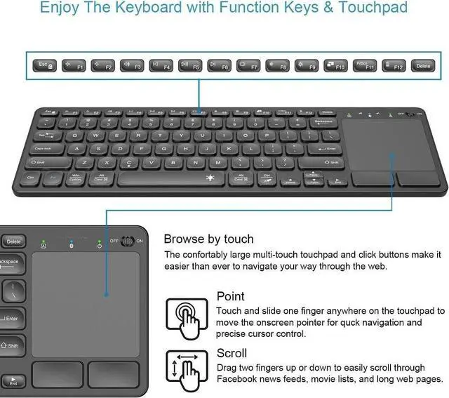 Alt view image 2 of 5 - Universal Backlit 7-Colors Bluetooth Touch TV Keyboard with Easy Media Control and Build-in Touchpad for TV-Connected Computer, Smart TV, Desktop, Laptop, iPad, Surface, Tablet, HTPC