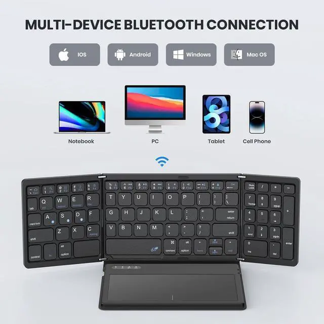Alt view image 4 of 5 - Foldable Bluetooth Keyboard, Portable Full Size Folding Keyboard with Large Touchpad, Numeric Keypad, PU Leather, Wireless TravelKeyboard for Windows Android Mac(Sync up to 3 Devices)