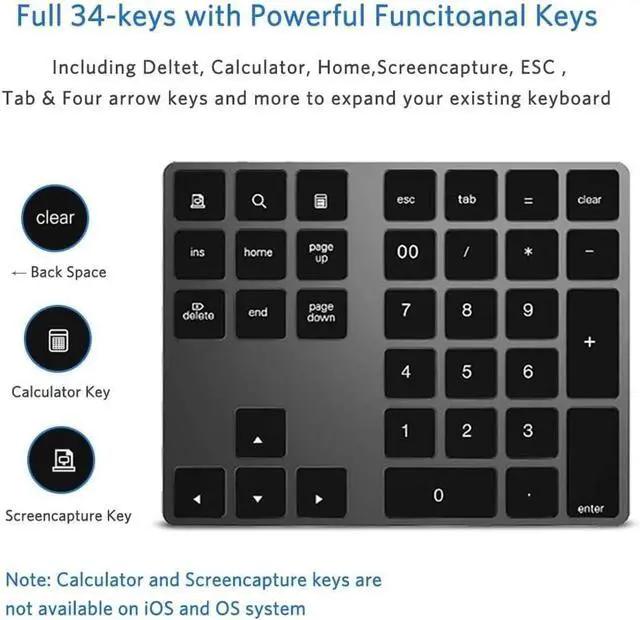 Alt view image 3 of 5 - Bluetooth Number Pad, Wireless Numeric Keypad, USB-C Rechargeable External 34-Keys Numpad, Financial Data Entry Keyboard for iMac, MacBook Air/Pro, PC Desktop, Laptop Notebook