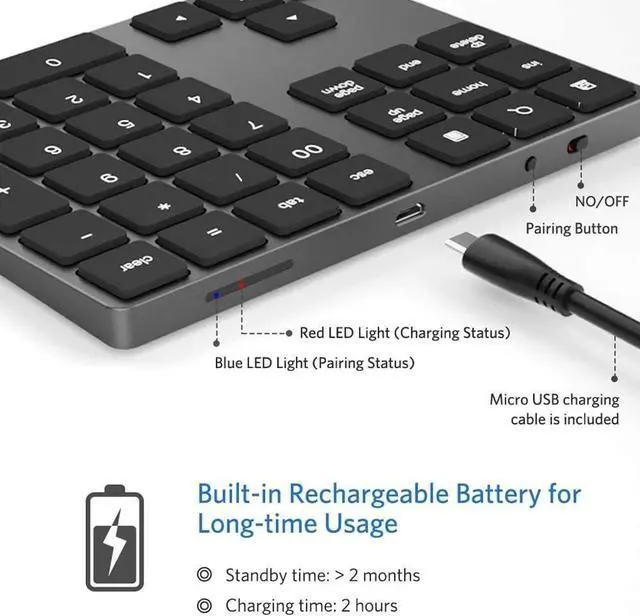 Alt view image 5 of 5 - Bluetooth Number Pad, Wireless Numeric Keypad, USB-C Rechargeable External 34-Keys Numpad, Financial Data Entry Keyboard for iMac, MacBook Air/Pro, PC Desktop, Laptop Notebook