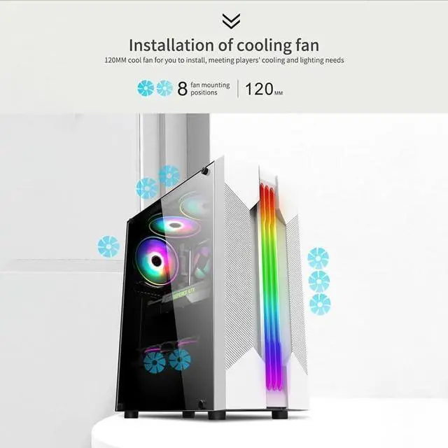 Alt view image 5 of 5 - PC Gaming Case, Mid-Tower ATX/M-ATX/Mini-ITX PC Game Chassis, Side Tempered Glass, Pre-Install 5 RGB Fans, Rear 120 Water Cooling Support, White