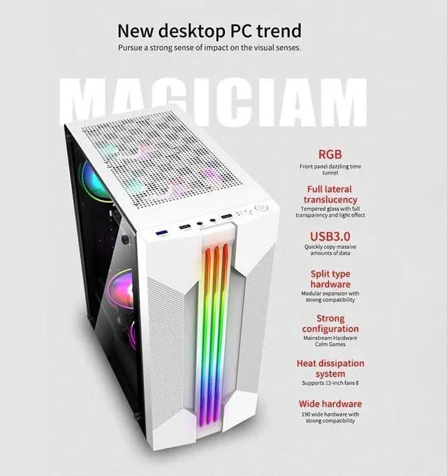 Alt view image 3 of 5 - PC Gaming Case, Mid-Tower ATX/M-ATX/Mini-ITX PC Game Chassis, Side Tempered Glass, Pre-Install 5 RGB Fans, Rear 120 Water Cooling Support, White