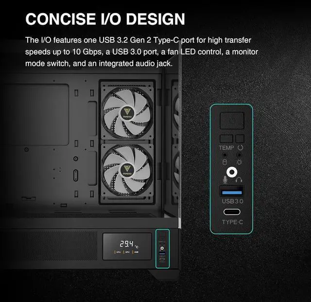 Alt view image 3 of 5 - Mid Tower Gaming Computer Case w/Display& App, ATX Tempered Glass PC Case, Built-in 3X 120mm ARGB PWM Fans, Up to RTX 4000 GPU/VGA 410mm& 360mm AIO/Radiator& 6x120mm Fans& 160mm CPU Cooler