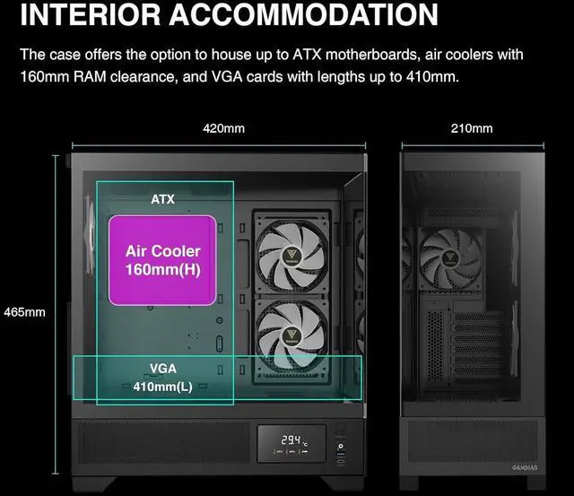 Alt view image 4 of 5 - Mid Tower Gaming Computer Case w/Display& App, ATX Tempered Glass PC Case, Built-in 3X 120mm ARGB PWM Fans, Up to RTX 4000 GPU/VGA 410mm& 360mm AIO/Radiator& 6x120mm Fans& 160mm CPU Cooler