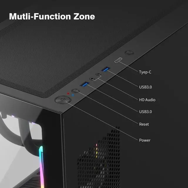 Alt view image 3 of 5 - Tower PC Case, Spacious High-Airflow Gaming Case with 4 x 120mm PWM ARGB Fans, USB 3.0 & Type-C Ports, Tempered Glass, Large Capacity Computer Case - Black