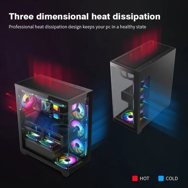 Alt view image 4 of 5 - Tower PC Case, Spacious High-Airflow Gaming Case with 4 x 120mm PWM ARGB Fans, USB 3.0 & Type-C Ports, Tempered Glass, Large Capacity Computer Case - Black