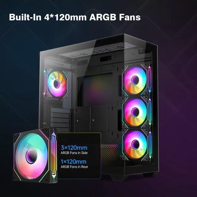 Alt view image 5 of 5 - Tower PC Case, Spacious High-Airflow Gaming Case with 4 x 120mm PWM ARGB Fans, USB 3.0 & Type-C Ports, Tempered Glass, Large Capacity Computer Case - Black