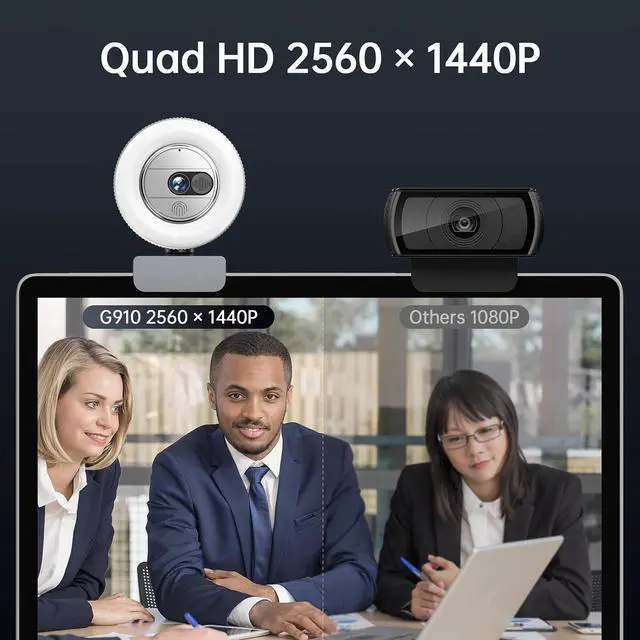 Alt view image 2 of 7 - G910 2K Quad HD Webcam for PC, with Microphone & Light & Privacy Cover, Web Camera for Desktop Computer/Laptop/MacBook, USB Streaming Camera