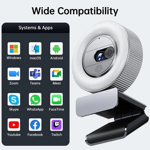 Alt view image 6 of 7 - G910 2K Quad HD Webcam for PC, with Microphone & Light & Privacy Cover, Web Camera for Desktop Computer/Laptop/MacBook, USB Streaming Camera
