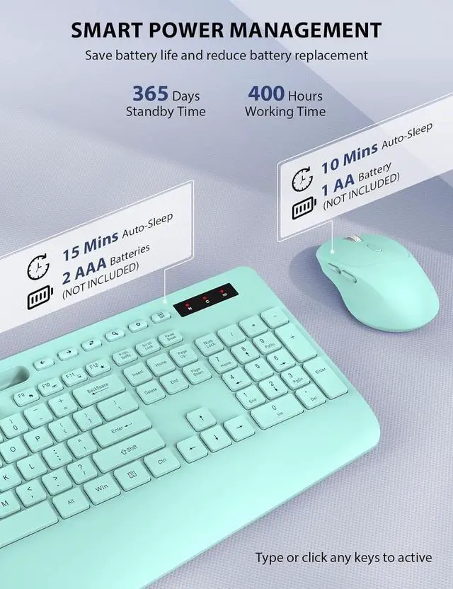 Alt view image 5 of 7 - Wireless Keyboard and Mouse Combo - Full-Sized Ergonomic Keyboard with Wrist Rest, Phone Holder, Sleep Mode, Silent 2.4GHz Cordless Keyboard Mouse Combo for Computer, Laptop, PC, Mac, Windows (Green)