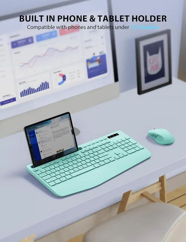 Alt view image 3 of 7 - Wireless Keyboard and Mouse Combo - Full-Sized Ergonomic Keyboard with Wrist Rest, Phone Holder, Sleep Mode, Silent 2.4GHz Cordless Keyboard Mouse Combo for Computer, Laptop, PC, Mac, Windows (Green)