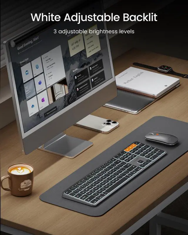 Alt view image 3 of 5 - Backlit Bluetooth Keyboard and Mouse for Mac, KM100-A Full Size Wireless Keyboard Mouse for Mac, Multi-Device Rechargeable for MacBook Pro/Air, iPhone, iPad, Space Gray