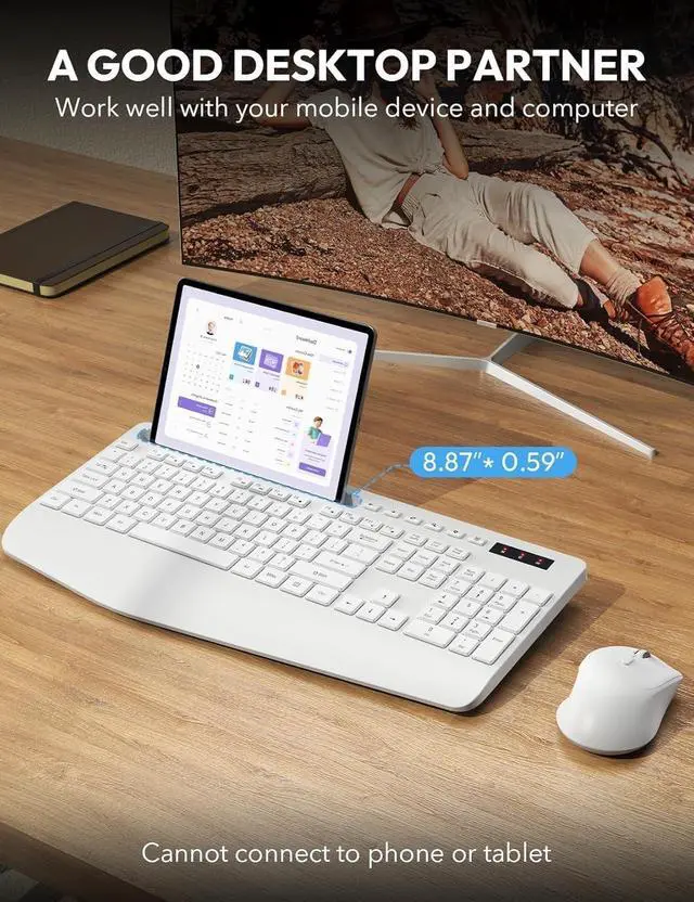Alt view image 3 of 6 - Wireless Keyboard and Mouse, Wrist Rest, Phone Holder, Batteries Included, 2.4G Lag-Free Ergonomic Keyboards Mouse Combo, Silent Keyboard Cordless Set for Computer, Laptop, PC, Windows, White