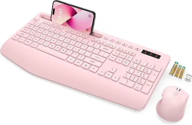Main image of Wireless Keyboard and Mouse, Wrist Rest, Phone Holder, Batteries Included, 2.4G Lag-Free Ergonomic Keyboards Mouse Combo, Silent Keyboard Cordless Set for Computer, Laptop, PC, Windows, Pink