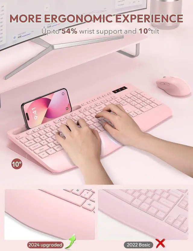 Alt view image 2 of 6 - Wireless Keyboard and Mouse, Wrist Rest, Phone Holder, Batteries Included, 2.4G Lag-Free Ergonomic Keyboards Mouse Combo, Silent Keyboard Cordless Set for Computer, Laptop, PC, Windows, Pink