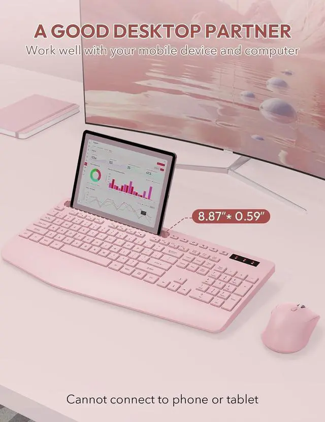 Alt view image 3 of 6 - Wireless Keyboard and Mouse, Wrist Rest, Phone Holder, Batteries Included, 2.4G Lag-Free Ergonomic Keyboards Mouse Combo, Silent Keyboard Cordless Set for Computer, Laptop, PC, Windows, Pink